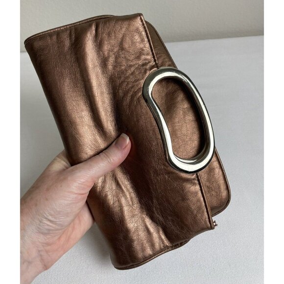 Copper Foldover Vegan Leather Convertible Clutch Purse Metallic Evening - Picture 2 of 9